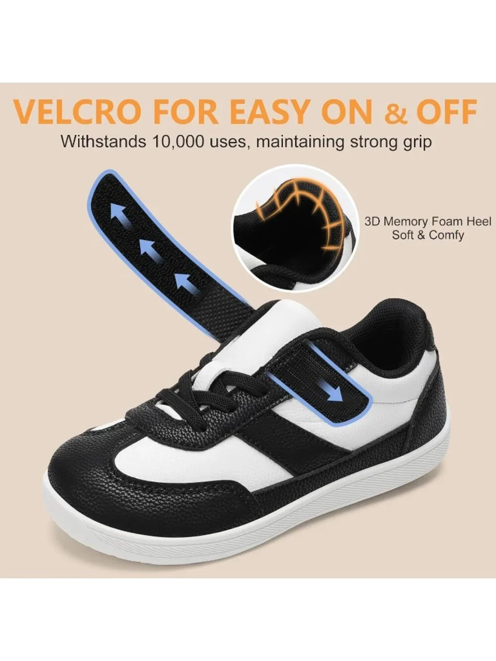 Toddler Black White Faux Leather Boys Girls Wide Toe Zero Drop Barefoot Sneakers